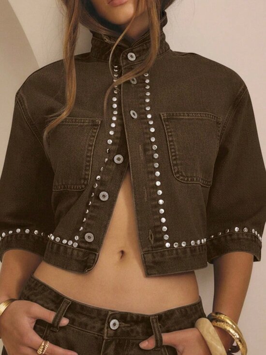 Denim - Chocolate Brown Casual Women's Studded Button Front Short Sleeve Cropped Jacket